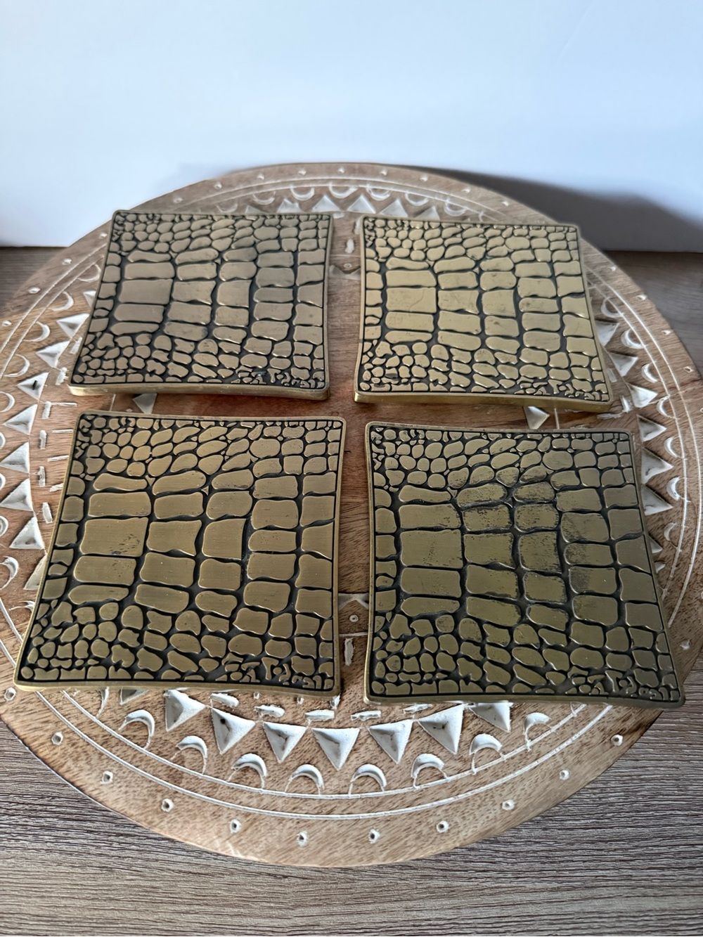 L’Objet Crocodile Gold Coasters Set of 4 Antiqued Brass 24K Accents
